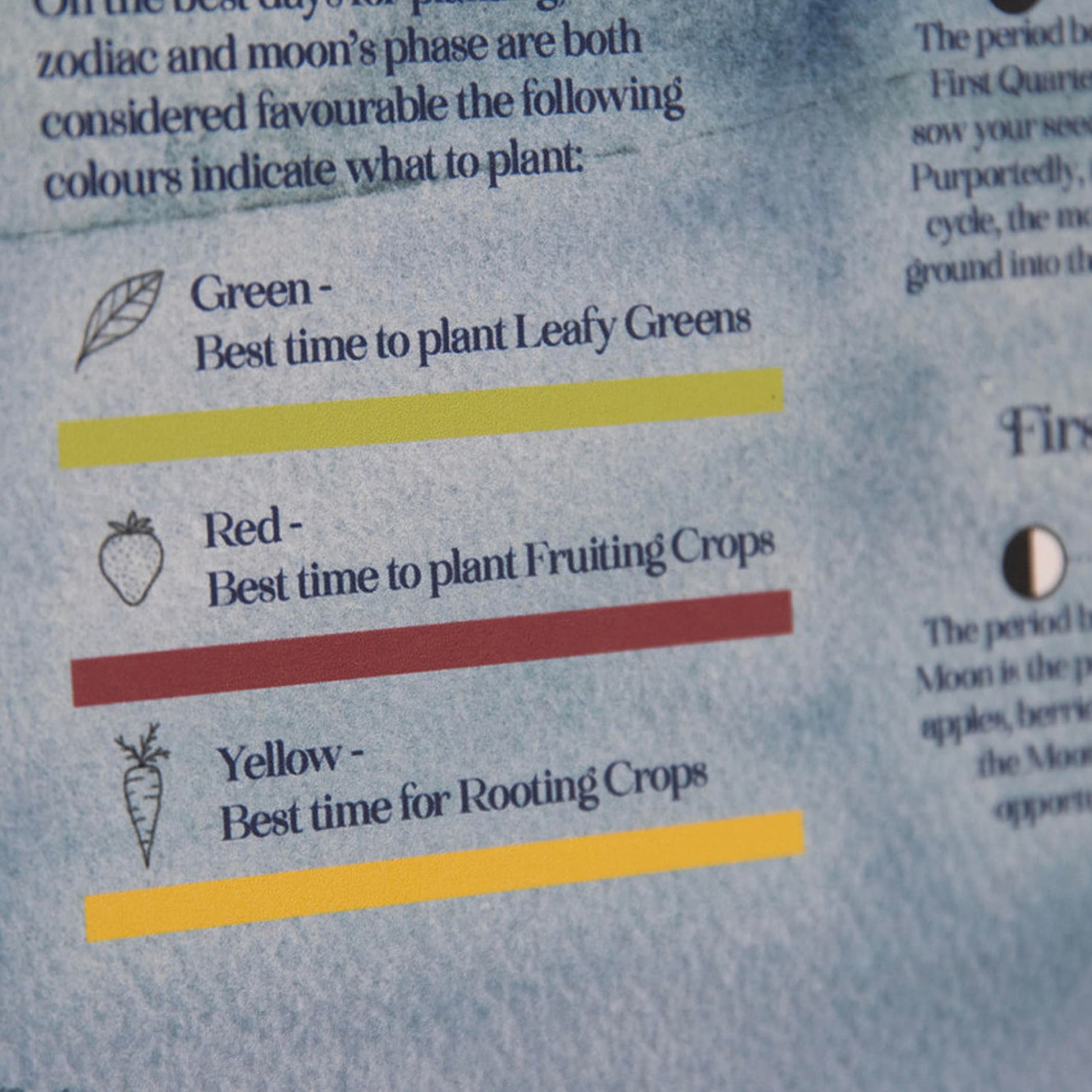 Chart indicating best times to plant different types of crops based on color.