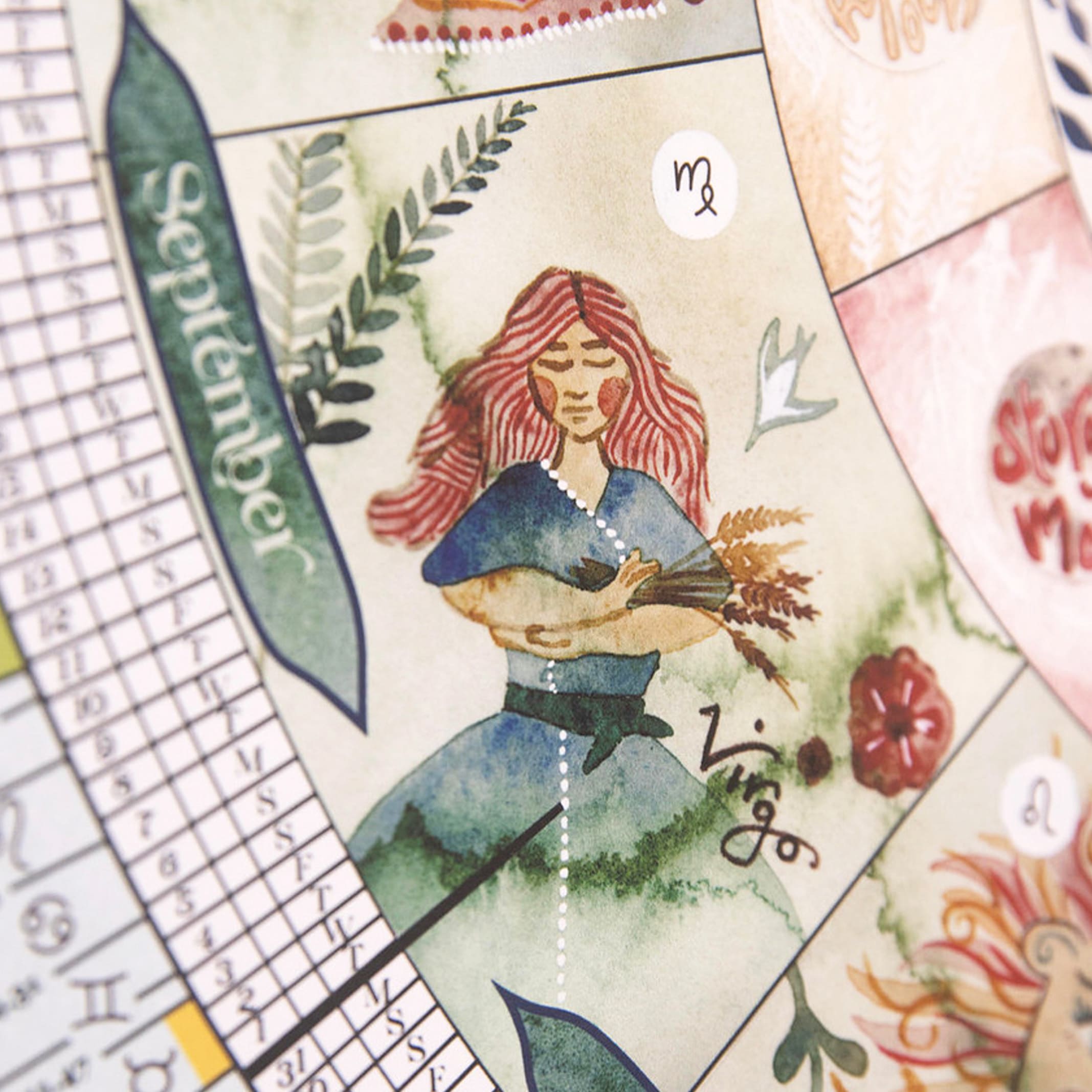 a woman, surrounded by nature elements and text, on a grid background. wall calendar
